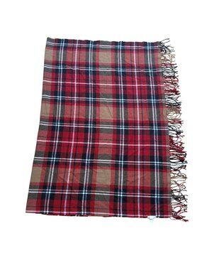 Soft Surroundings Women's Wrap Scarf Red Plaid Fringe Shawl Blanket 50x70 inches